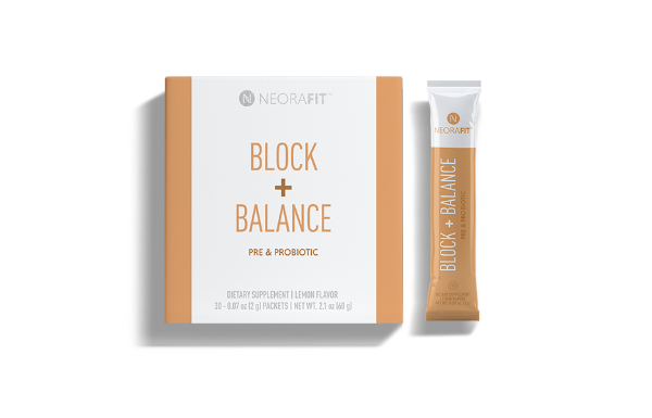 Image display of the NeoraFit™ Block + Balance Pre & Probiotic Powder on a white back ground.